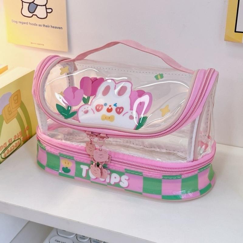 2022 Trendy Cute Makeup Bag for Women Cartoon Print Double Layer Large Cosmetic Bag Travel Make Up Toiletry Bags Washing Pouch