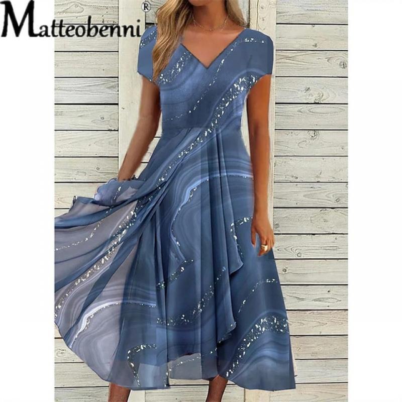 Women's Dresses Fashion Urban Casual Knitted Patchwork A-line Dress 2022 Summer Mid-waist V-neck Womenswear Sweet Style Clothes