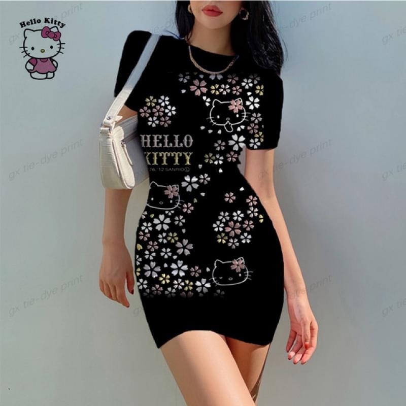 Summer Sexy Short Dress Women O Neck Slim Hello Kitty Print Mini Sundress Ladies Casual Boho Beach slim Dress Vintage Vestidos