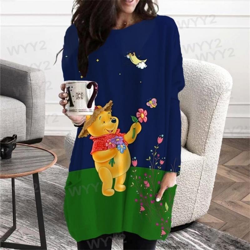 Cute Winnie the Pooh Little Pink Pig Cartoon Dress Long Sleeve O Neck Mid Length Top Women Fashion Slim Pocket Women Loose Dress