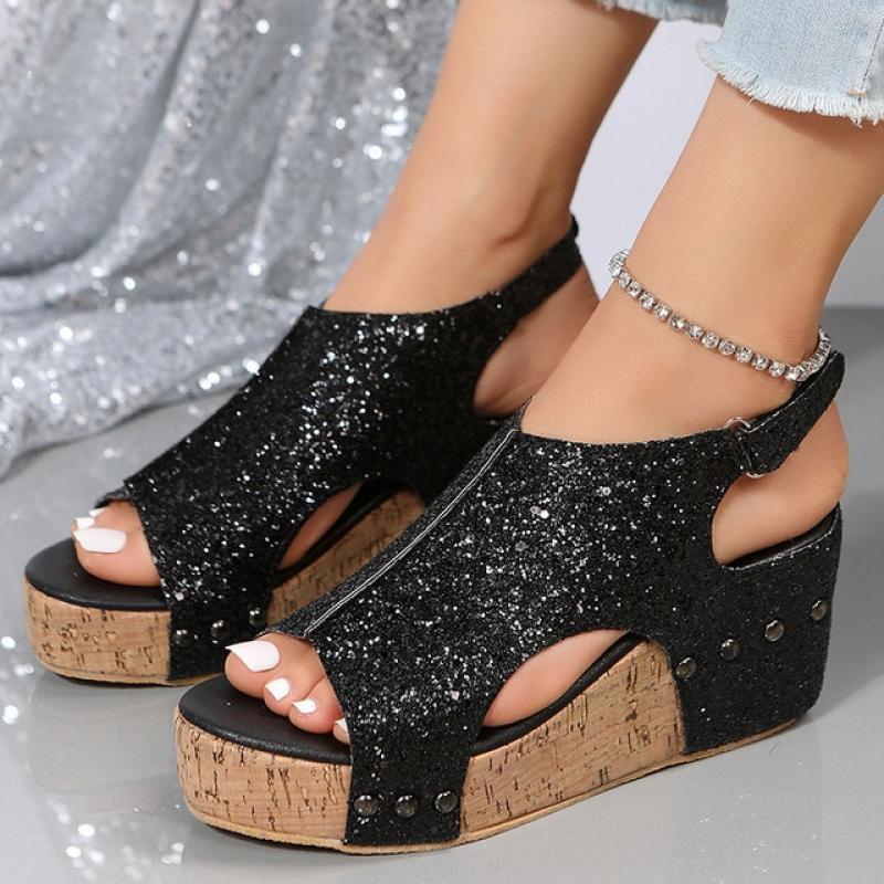 Latest Roman High Heel Wedge Sandals Women's Trend Sequins Thick Sole Large Fashion Sandals Women 2023