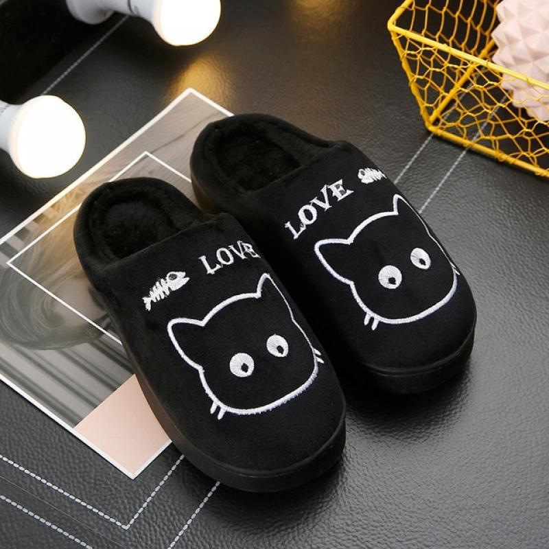 Winter House Women Fur Slippers Soft Memory Foam Sole Cute Cat Bedroom Ladies Fluffy Slippers Couples Plush Shoes