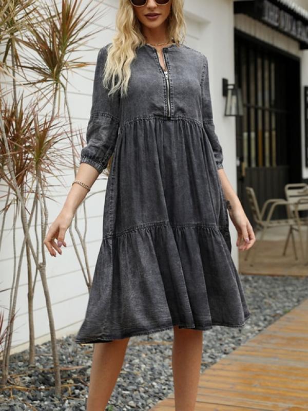 Black Dress Women Spring Summer Imitation Denim Vintage Dress Solid Female Fashion Casual Blue Dress Knee-Length O-Neck Clothes