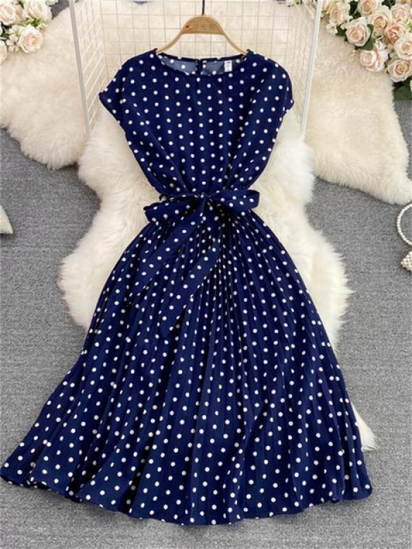 Polka Pot Pleated Dress for Women Elegant Lace Up O Neck Sleeveless Chic Dresses Summer 2023 New A Line Party Dress