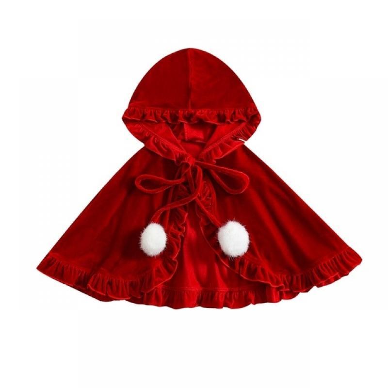 1-5years Kids Girls Cloak Soft Hooded Lacing Frills Cape With Plush Balls For Christmas Party Girls Xmas Cosplay Outwear