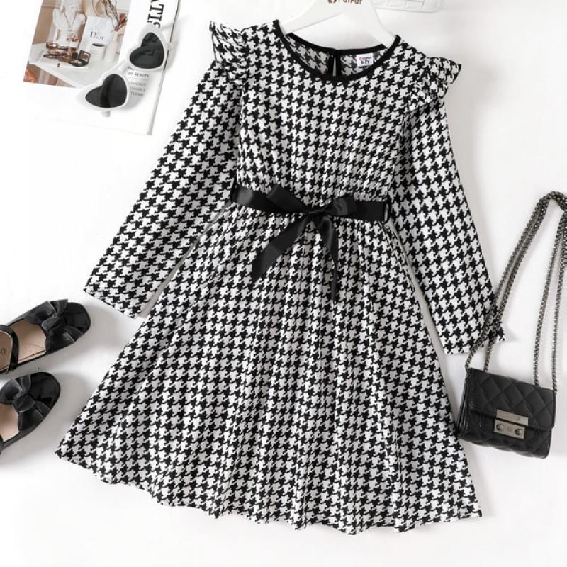 PatPat Kid Girl Dress Elegant Houndstooth Print Ruffled Belted Long-sleeve Dresses Kids Clothes Girls Dress