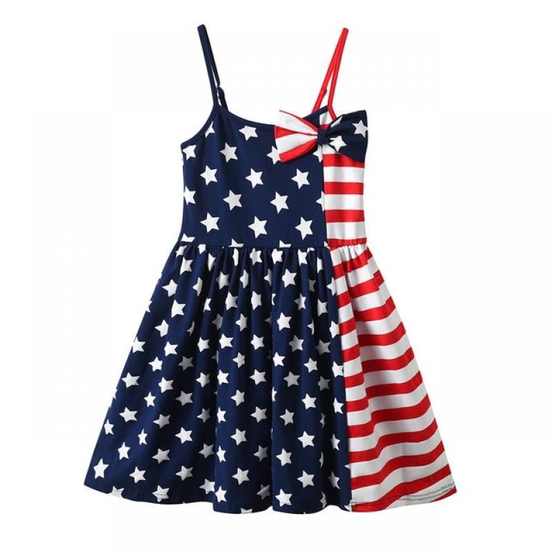 DXTON Girls Flare Sleeve Summer Dress Children Star Print Striped Princess Elegant Patchwork Dress with Bow Knot Kids Clothing