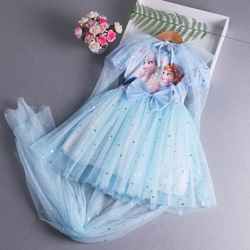 New Elsa Princess Dress With Cape Girls Dress Summer Kids Dress Long-sleeved Children's Western Style Elsa Frozen Dress 2-8Y