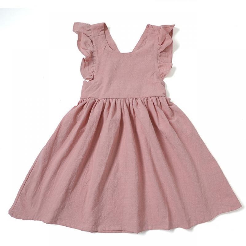 New Girls Dress Summer Princess Sleeve Dresses Cotton Linen Ruffles Straps Buckles Skirt Children Clothes Toddler Kids Outfit