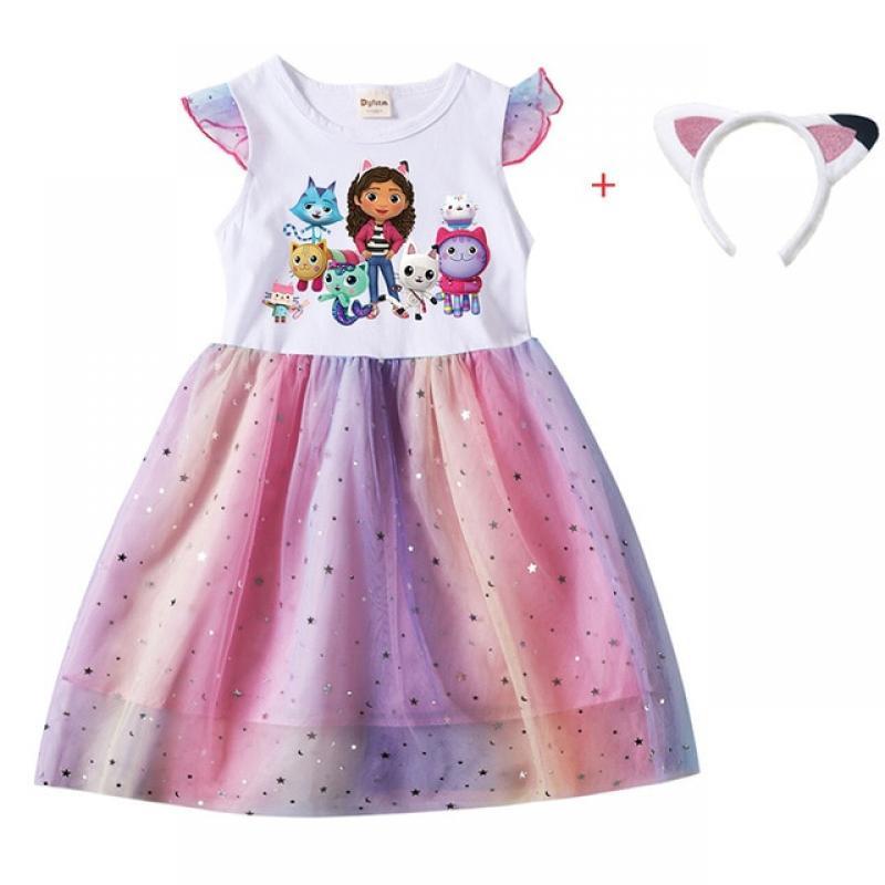 Cartoon Gabby Cats Baby Girl Dresses Kids Gabby's Doll House Clothes Cosplay Costume Children Fly Sleeve Casual Dress + Headband
