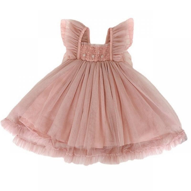 Summer Dress for Kid Girl Square Collar Short Flare Sleeves Pink Open Back Butterfly Style Mesh Dress Children Clothing E6314