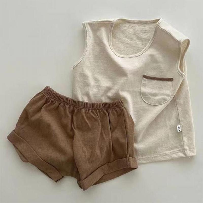 Boys Vintage Casual Summer Cool Suit Toddler Simple Pullover Vest Solid Sleeveless T-shirt+ Loose Shorts 2pc Girls New Set