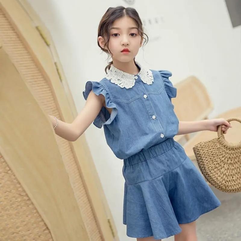 Girls Denim Suit 2023 Summer New Baby Short Sleeve Blouse +Shorts 2 Pc Set Children Wid-leg Short Pants Kids Outfits