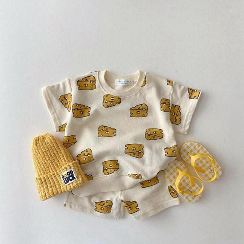 Summer New Toddler Baby Boys Girrls Clothes Sets Cartoon Flower Printed Short Sleeve Tops + Kid Cotton Casual Shorts 2pcs Set