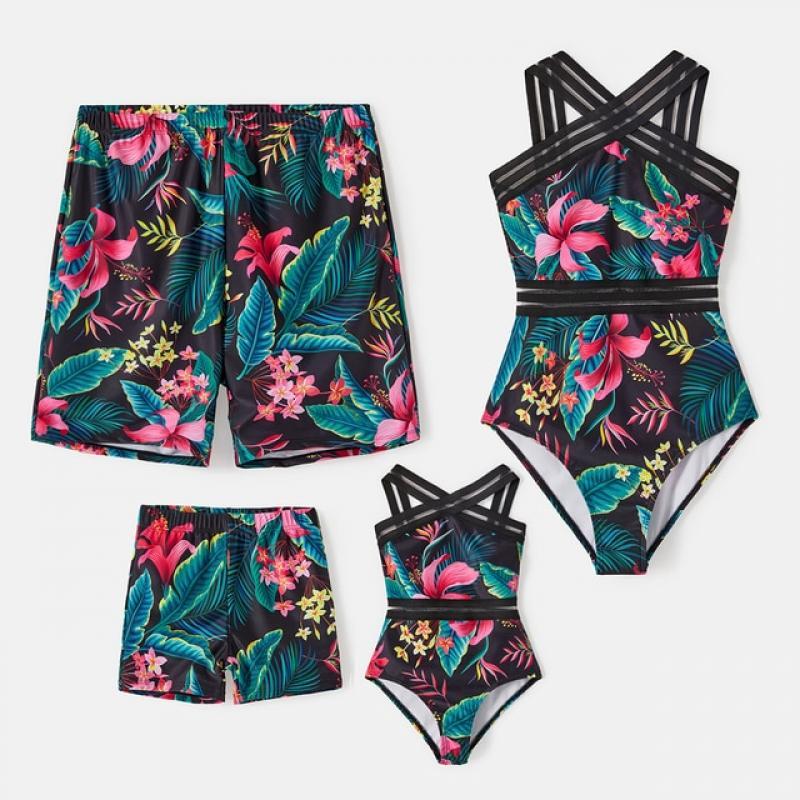 PatPat Family Matching Swimsuit Allover Plant Print Crisscross One-Piece Swimsuit and Swim Trunks