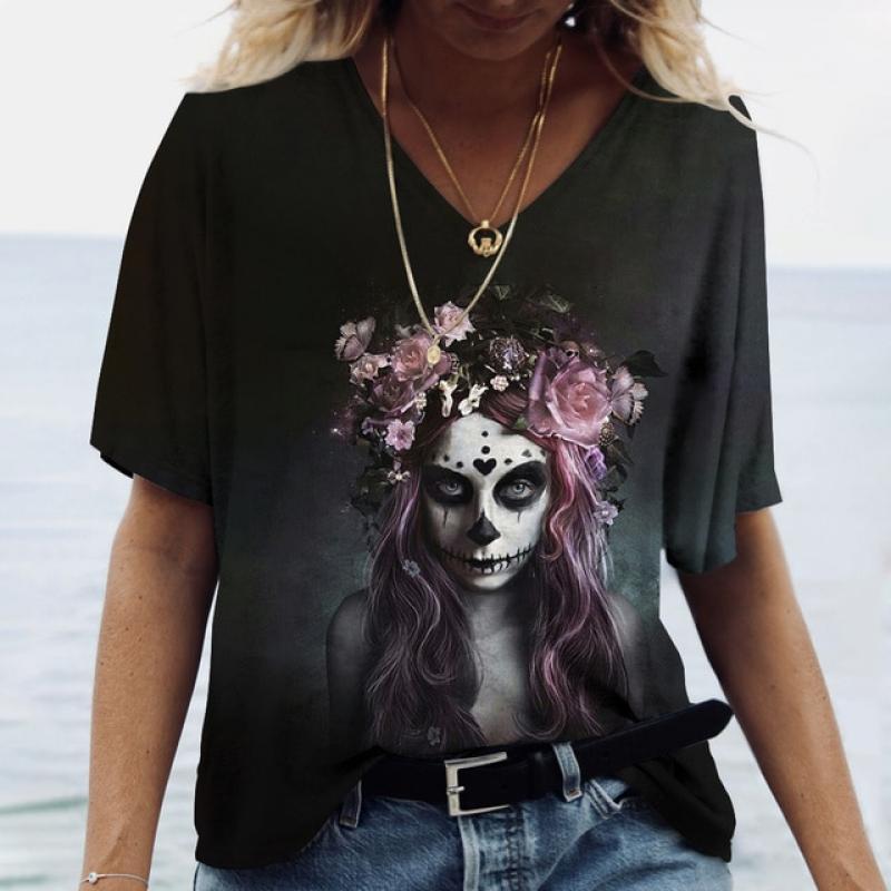 2022 Vintage Skull Face Women's T Shirt Tops V Neck Casual Cotton Short Sleeve Pullover Summer Female Harajuku Punk Streetwear