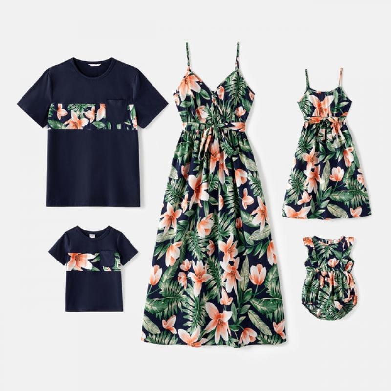PatPat Family Matching Outfits Cotton Short-sleeve Spliced T-shirts and Allover Floral Print Belted Cami Dresses Sets