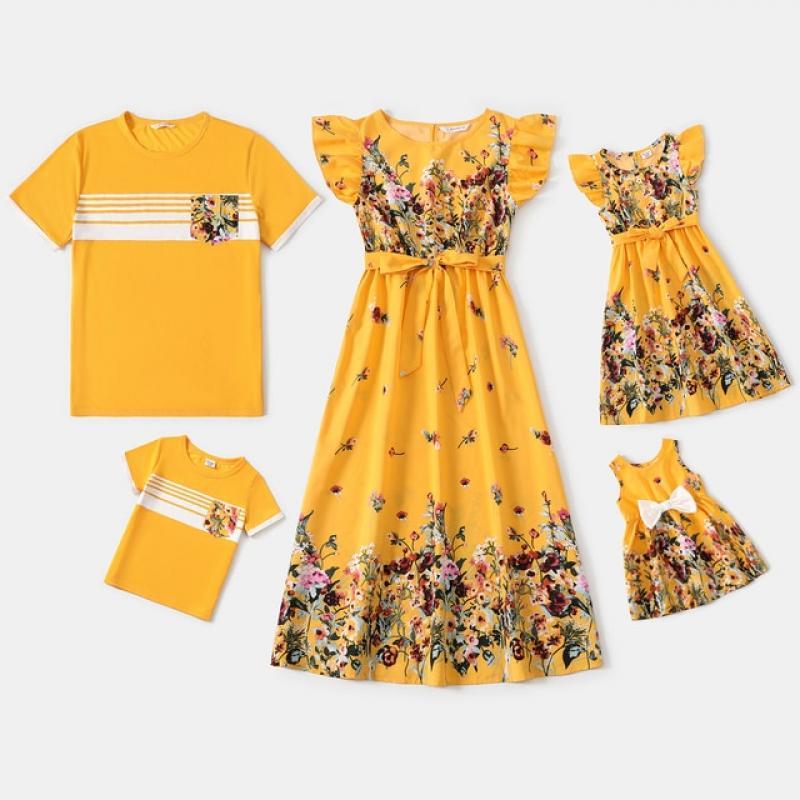 PatPat Family Matching Outfits Floral Print Ruffle-sleeve Belted Midi Dresses and Striped Short-sleeve T-shirts Sets