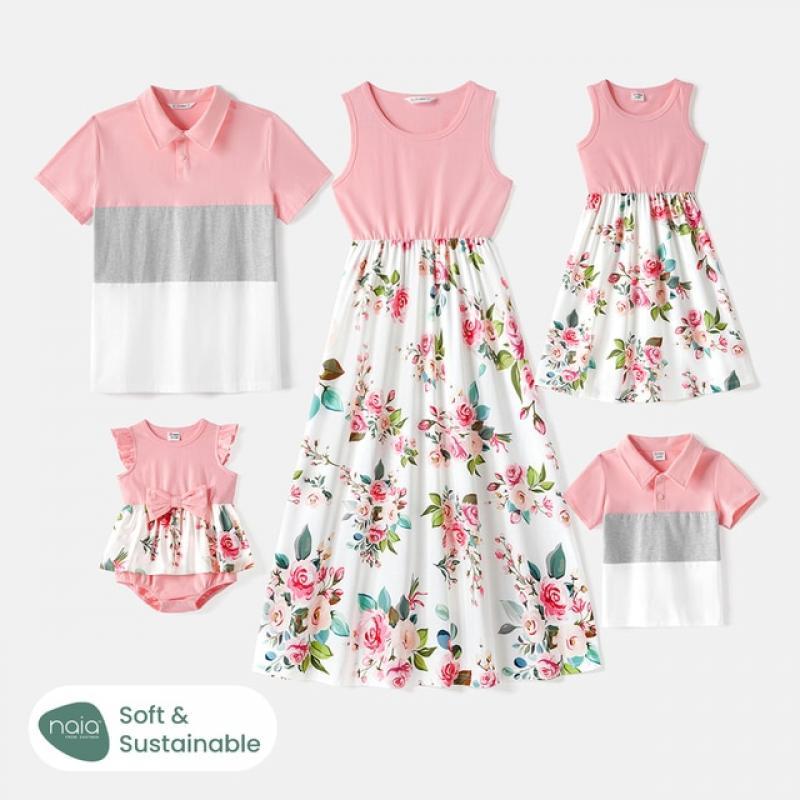 PatPat Family Matching Outfits 95% Cotton Short-sleeve Colorblock Polo Shirts and Floral Print Naia Spliced Tank Dresses Sets