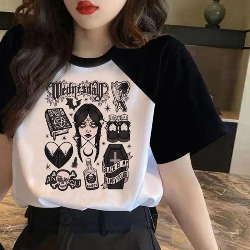 T-shirt For Women Wednesday Addams Funny Cartoon Y2k Tees Academy Harajuku Girls Summer Shirt Movie Gothic Tops Kawaii Female