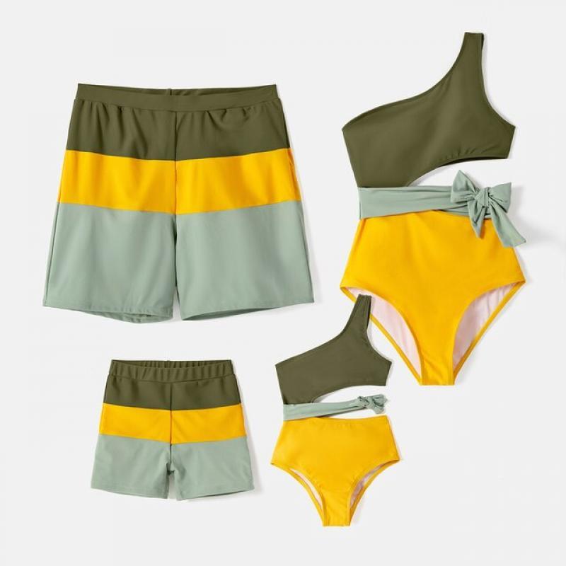 PatPat Family Matching Colorblock One Shoulder One-piece Swimsuit and Swim Trunks