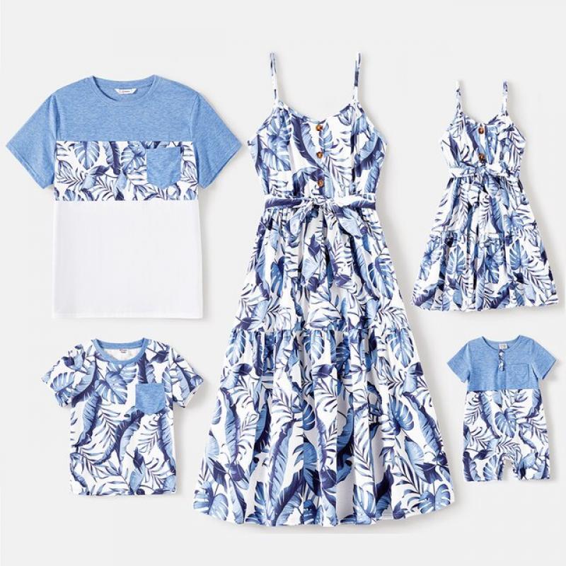 PatPat Family Matching Allover Leaf Print Naia Cami Dresses and Short-sleeve Colorblock T-shirts Sets