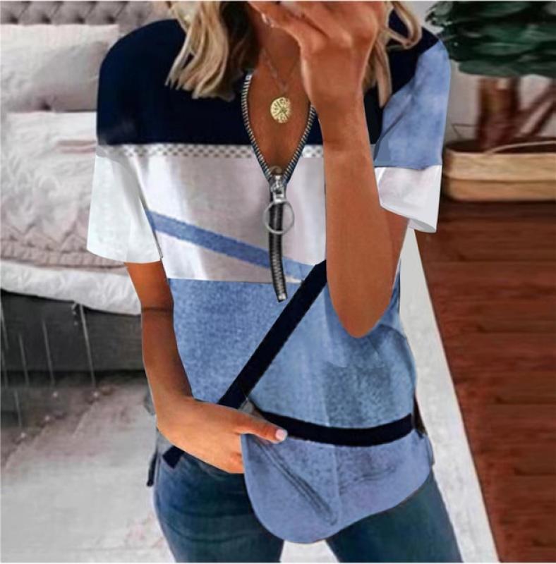 Summer New 2023 Short Sleeved Women's Fashion Zipper Geometric Print Loose T-shirt Top Casual V Neck Vintage Oversize Tees Shirt