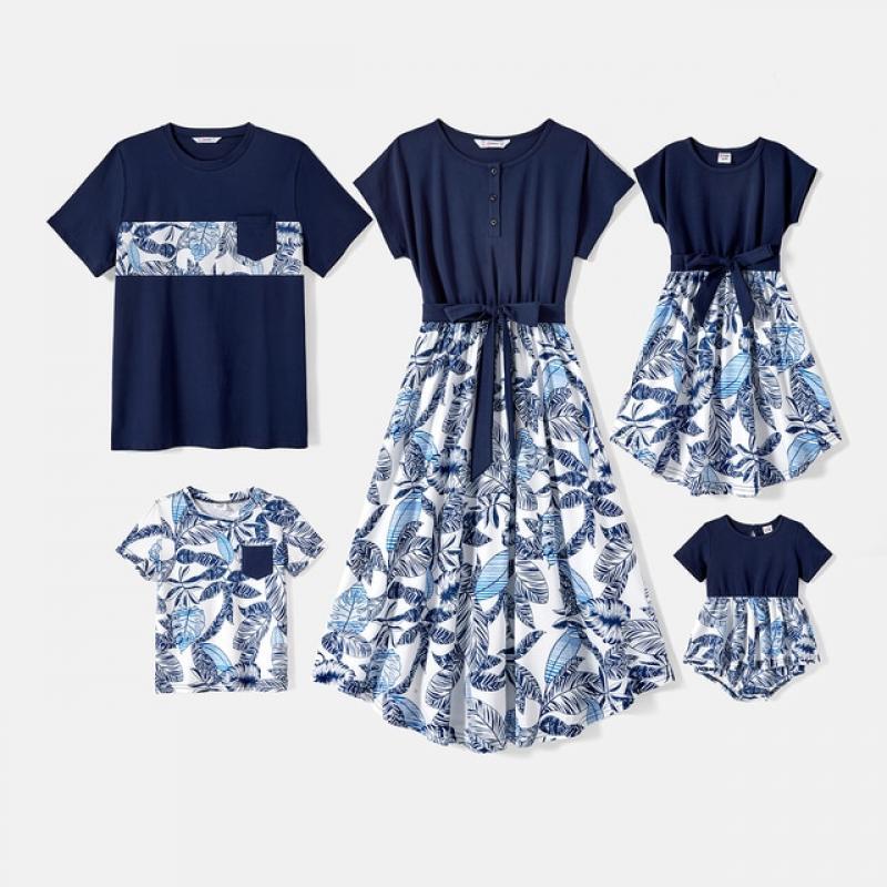 PatPat Family Matching Outfits 95% Cotton Allover Plant Print Short-sleeve Belted Spliced Dresses and T-shirts Sets