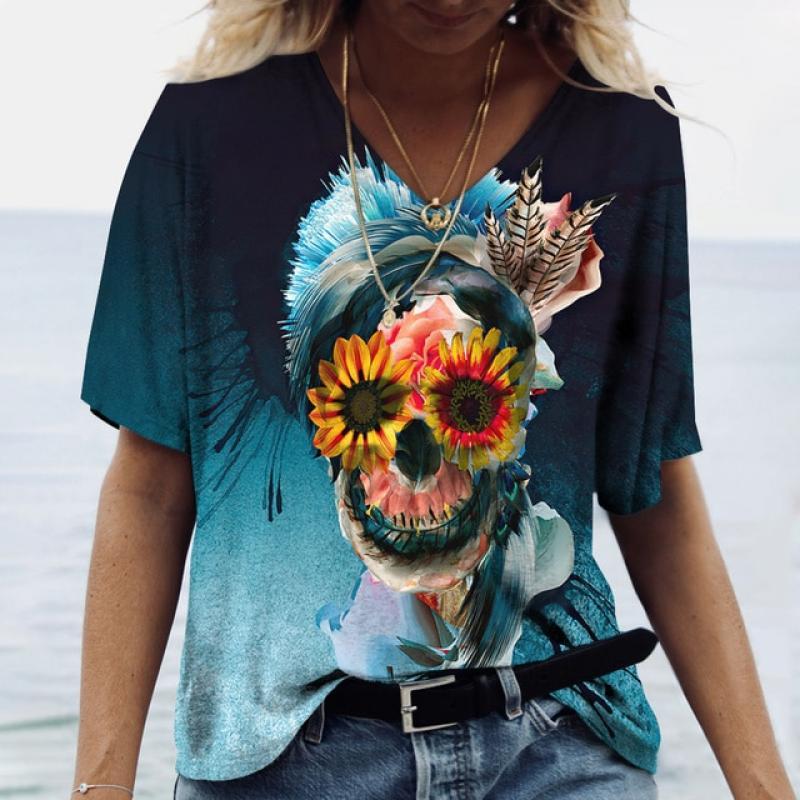 Vintage Skull Women's T Shirt 3D Printed V-neck Blouses Casual Short Sleeve Pullover Tops Summer Oversized Harajuku Clothes Tees