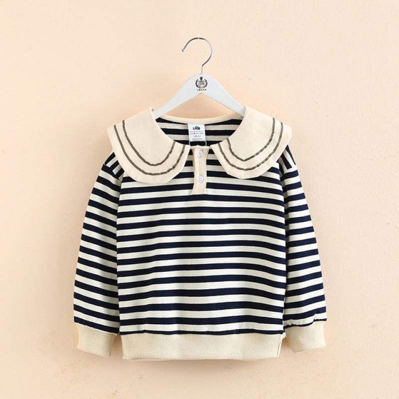 2022 Autumn Spring 2 3 4 5 6 7 8 9 10 Years Casual Long Sleeve Peter Pan Collar Cotton Striped Sweatshirts For Kids Baby Girls