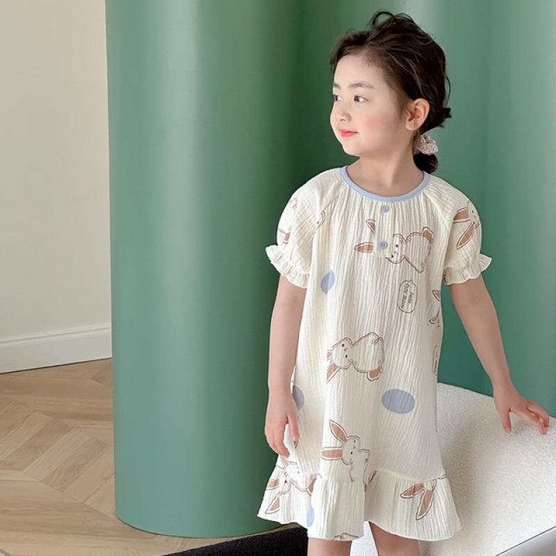 Little Girls Nightgowns Children Clothing Korean Cotton Cartoon Night Wear for Kids 3-12y Summer Casual Cute Pajama Dress