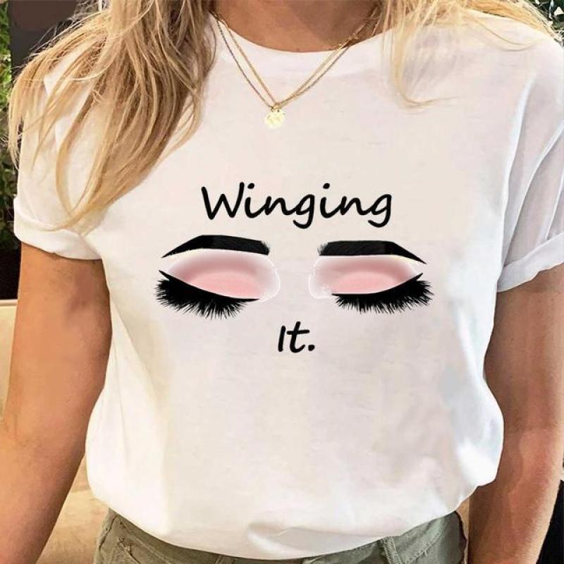 Women Love Make Up Eye Lashes Print Tees Tshirt Cartoon Female Clothes Short Sleeve Tops Print Ladies Fashion Graphic T-Shirt