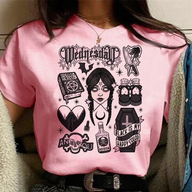 Wednesday Addams T-shirt For Women Funny Cartoon Y2k Tees Academy Harajuku Summer Girls Shirt Movie Gothic Tops Kawaii Female