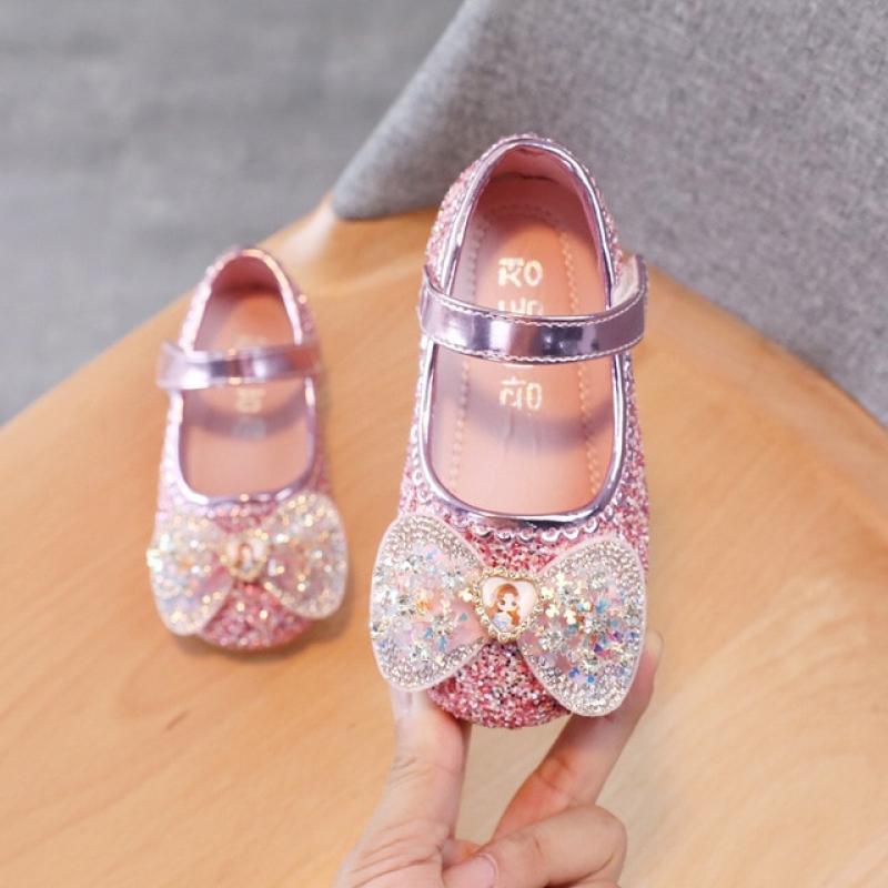 Disney Frozen Elsa Princess Designer Crystal Flat Shoes Kids Bow Tie Bling Slip on Baby Girls Shoes Child Flats Gift