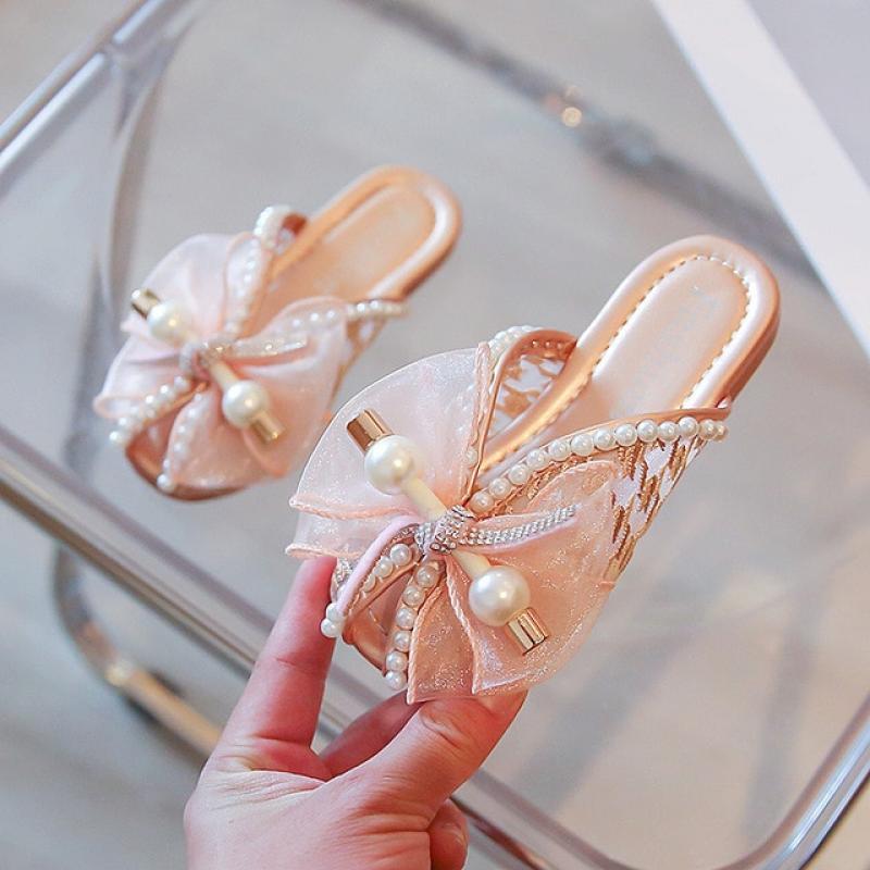 Pink Mesh Bow Pearl Open Toe All-match Slippers for Skirt 2022 Children's Fashion Sweet Princess Flat Casual Sandals for Girls