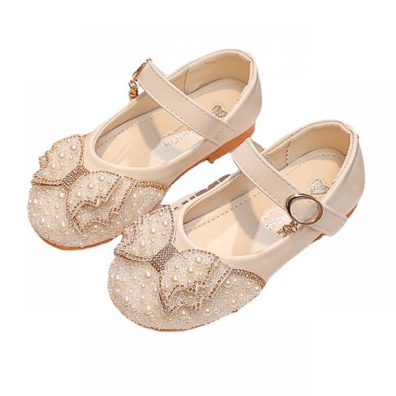 Girls Leather Shoes Spring Autumn Fashion Pearl Bow Rhinestone Little Girl Shoes Flat Heels Kids Princess Shoes