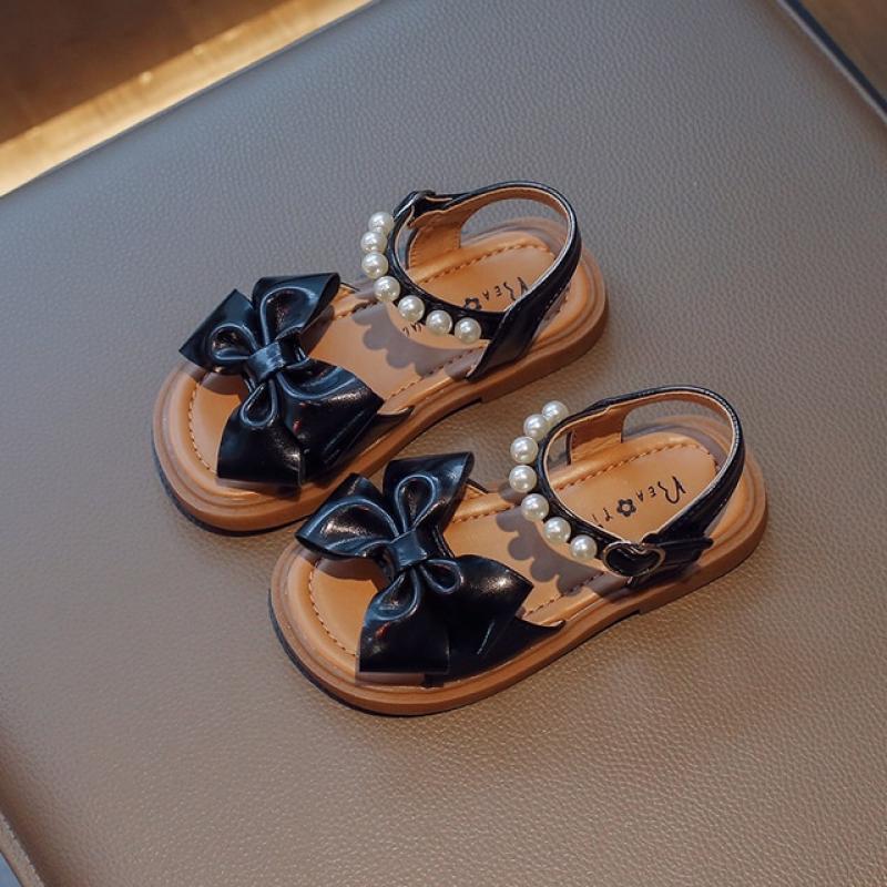 Girls Sandals Children Fashion Flat PU Bow Pearls 2023 Versatile Casual Shoes Breatheable Soft Sweet Princess Kids Shoes Korean