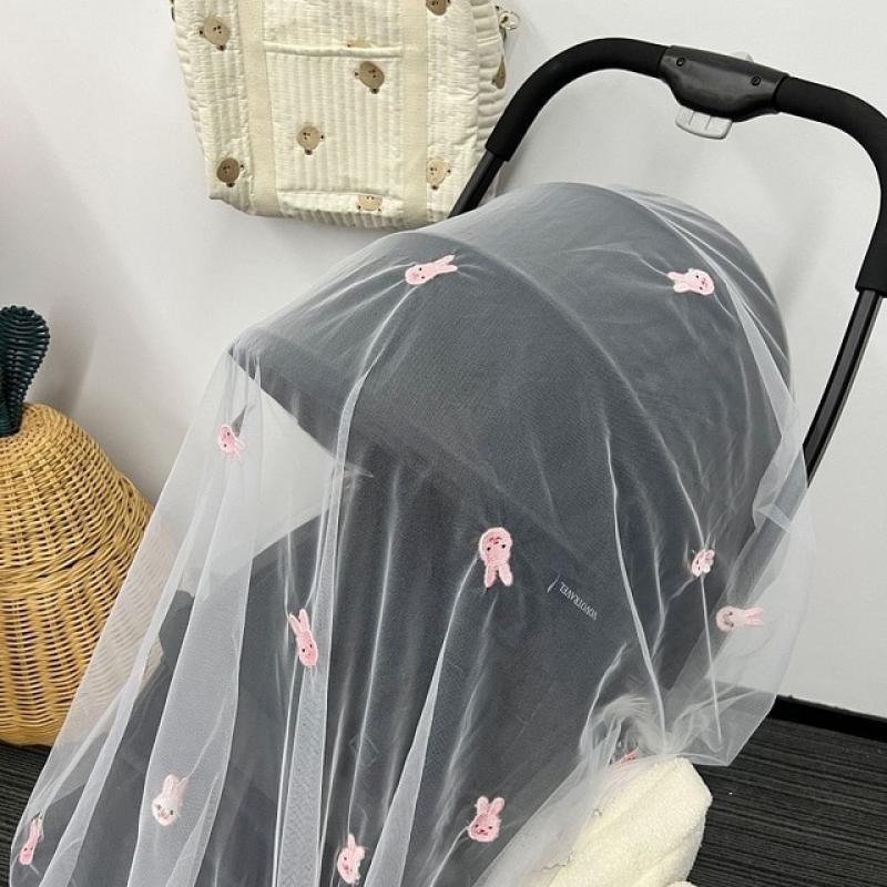 Baby Stroller Cover Mesh Mosquito Net Breathable Embroidery Sunshade Travel Ourdoor Activity Ins Style Gauze Windshield Curtain