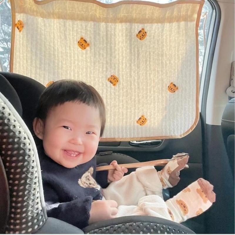 Cute Cartoon Embroidered Thickened Cotton Baby Car Window Sunshade Cover UV Protection Suction Cup Installed Sliding Curtain