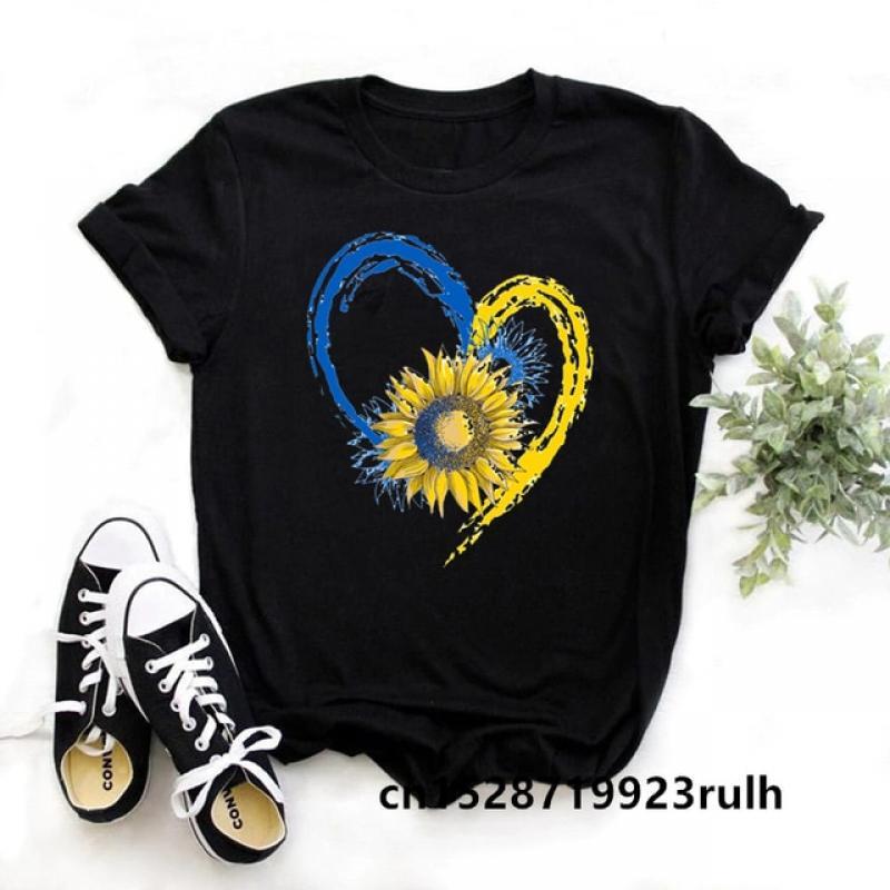 Cool Ukraine Flag Sunflower Ukrainian Print T Shirt Top Women Fashion Harajuku  Casual T-shirt Tops Base O-neck Black Tee short