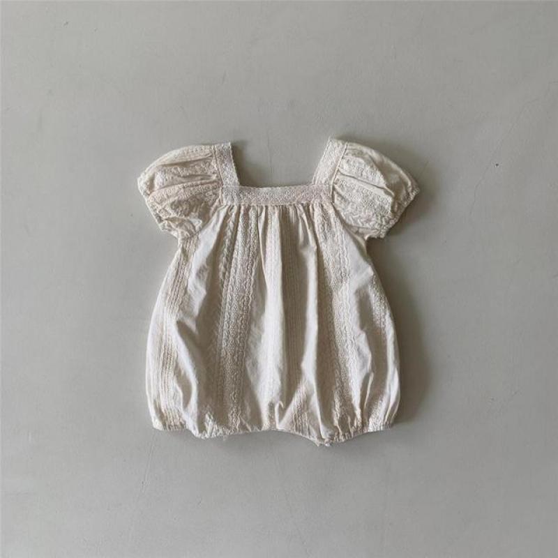 2023 Summer New Baby Girl Short Puff Sleeve Rompers Solid Newborn Clothes Girls Jumpsuit Square Neck Embroidery Bubble Romper