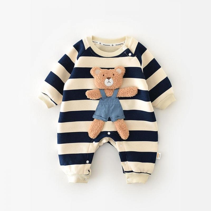 MILANCEL Baby Rompers Thicken Lining Boys Clothes Striped Girls Jumpsuits Bear Outfit