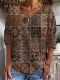 Retro V Neck Tshirt Women's Autumn Geometric Print Shirt Tops Long Sleeve Vintage Female Tee Loose Clothes Streetwear Tshirt