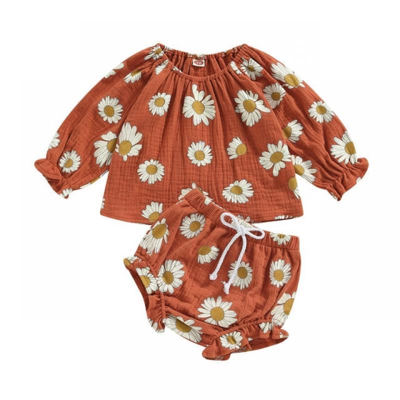 EWODOS 0-24 Months Newborn Baby Girls Casual Ruffles Outfit Set Spring Summer Kid Flower Daisy Print Long Sleeve T-shirts Shorts