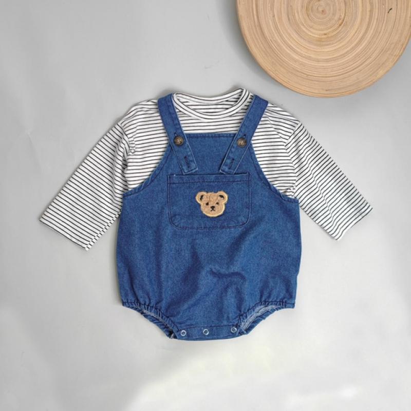 MILANCEL 2023 Summer Baby Clothing Set Toddler Girls Striped Tee and Denim Bodysuits 2 Pcs Boys Suits