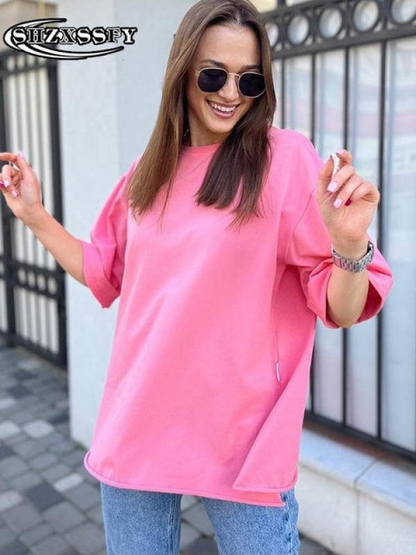 Solid Women's T-shirt Fashion 100 % Cotton Loose Summer Blouses Woman 2023 Oversized O Neck Casual Cotton Tees Clothes for Women