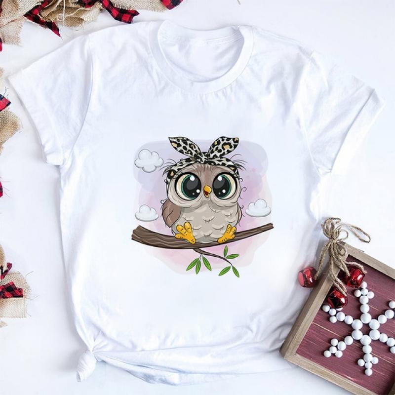 Gothic Women Cute Owl Printed T-shirt All Seasons Fashion Thin Short Sleeve Tees Harajuku Casual Pink Top Female Clothing Tshirt