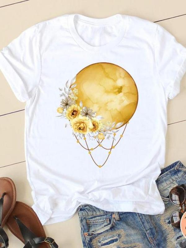 T-shirts Graphic Tee Clothing Summer Short Sleeve Ladies Flower Peace Lovely Casual Women Fashion Female T Shirt Clothes