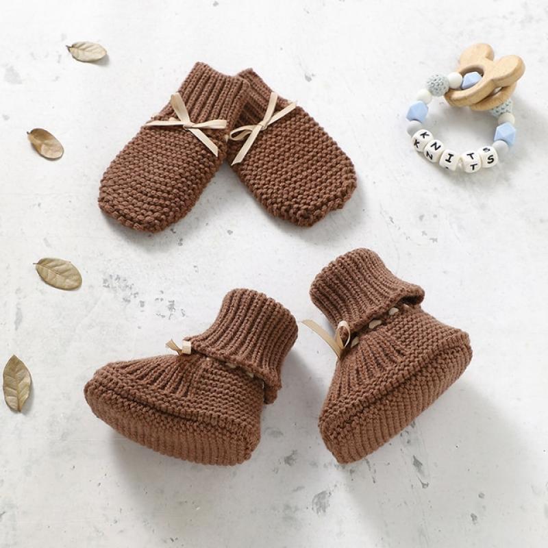 Baby Shoes + Gloves Set Knit Newborn Girls Boys Boots Mitten Fashion Butterfly-knot Toddler Infant Slip-On Bed Shoes Hand Made