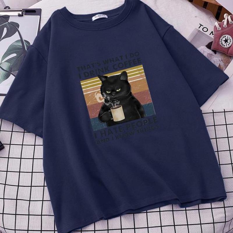 Funny Black Cat That's What I Do I Drink Coffee I Hate People Vintage Summer Men's Cotton T-Shirt Humor Gift Women TShirt Tops